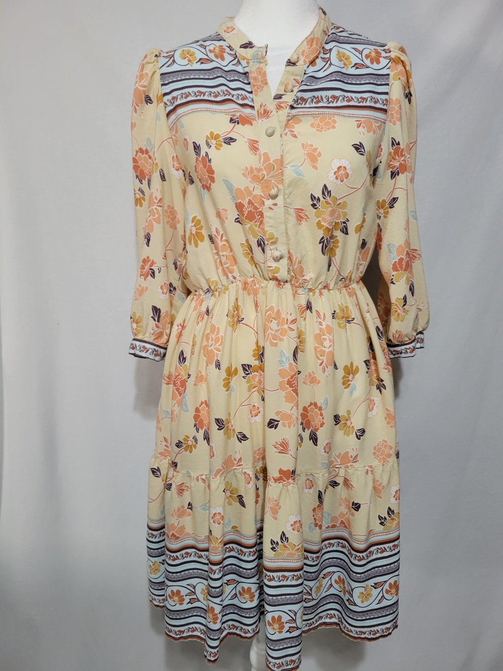 Umgee Pale Yellow Floral Midi Dress Bohemian (Boho) or Prairie/Western Chic